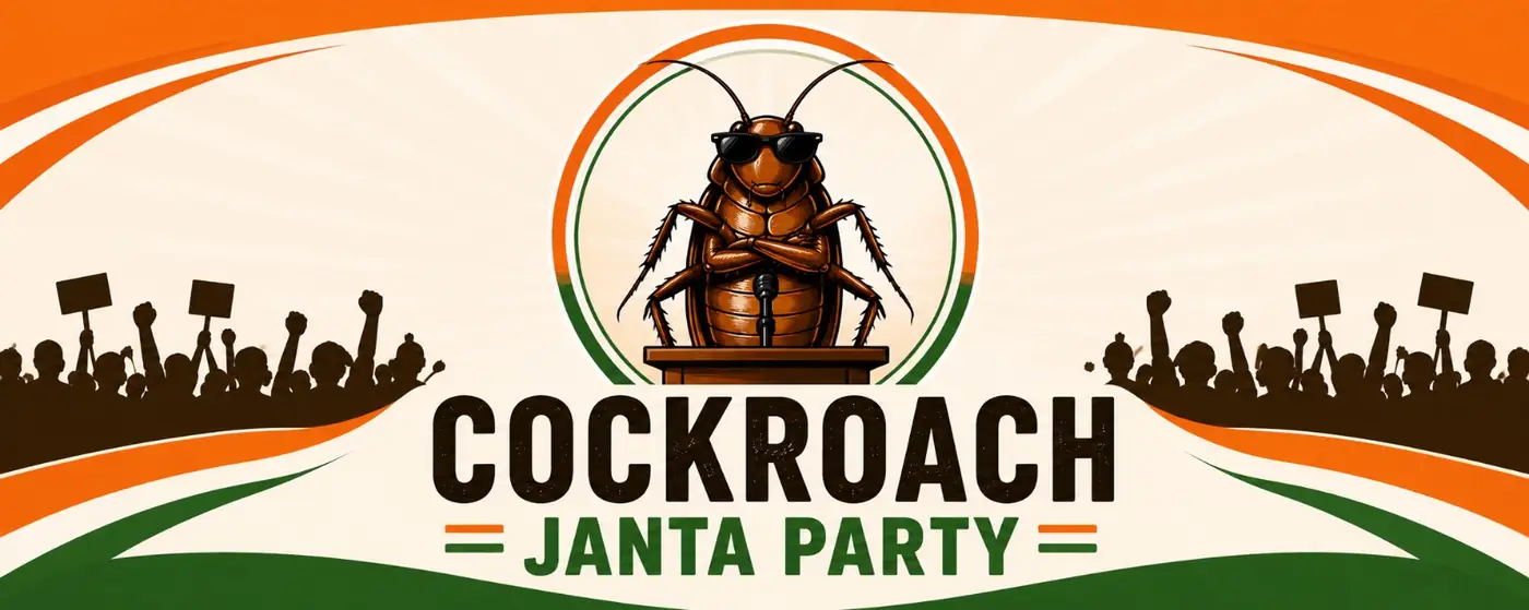 Cockroach Janta Party Campaign Banner - Cockroach at podium with crowd cheering